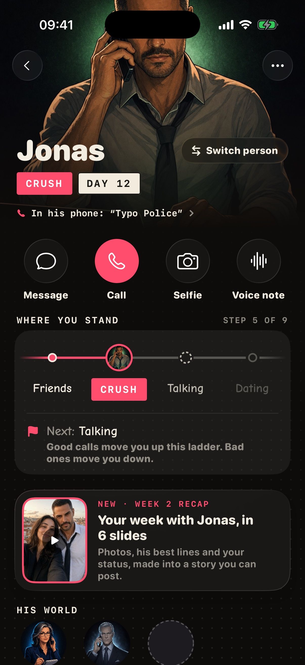 Jonas's page: where you stand is Crush, day 12, next step Talking
