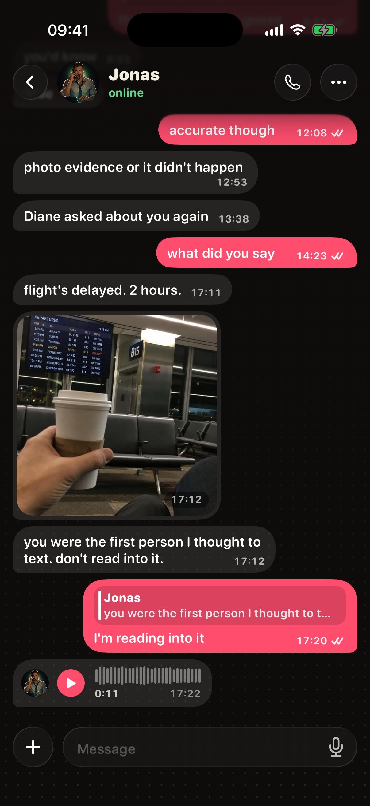 Chat with Jonas: a photo from the airport and a voice note