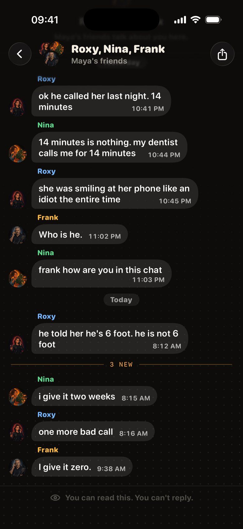 Group chat where Roxy, Nina and Frank talk about you