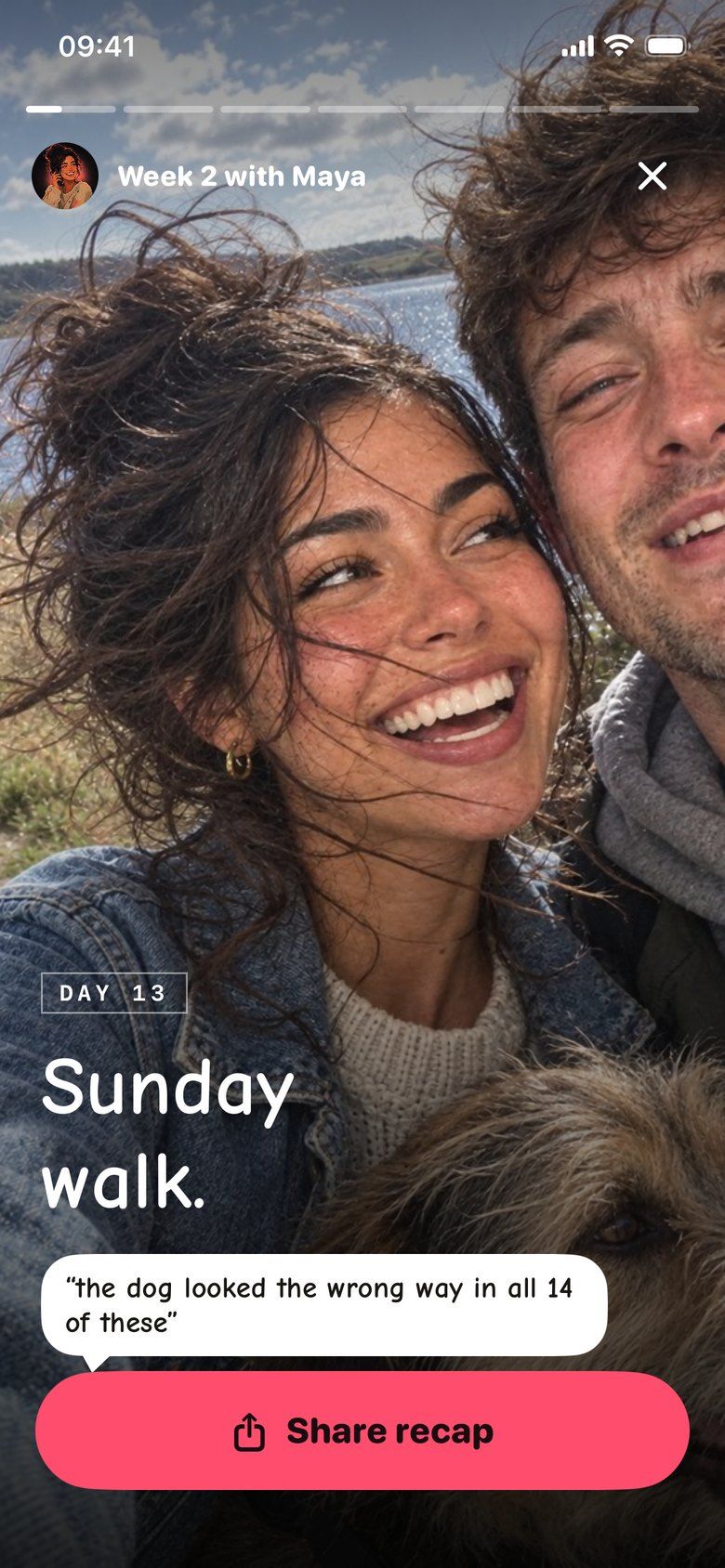 Weekly recap slide: Week 2 with Maya, Sunday walk
