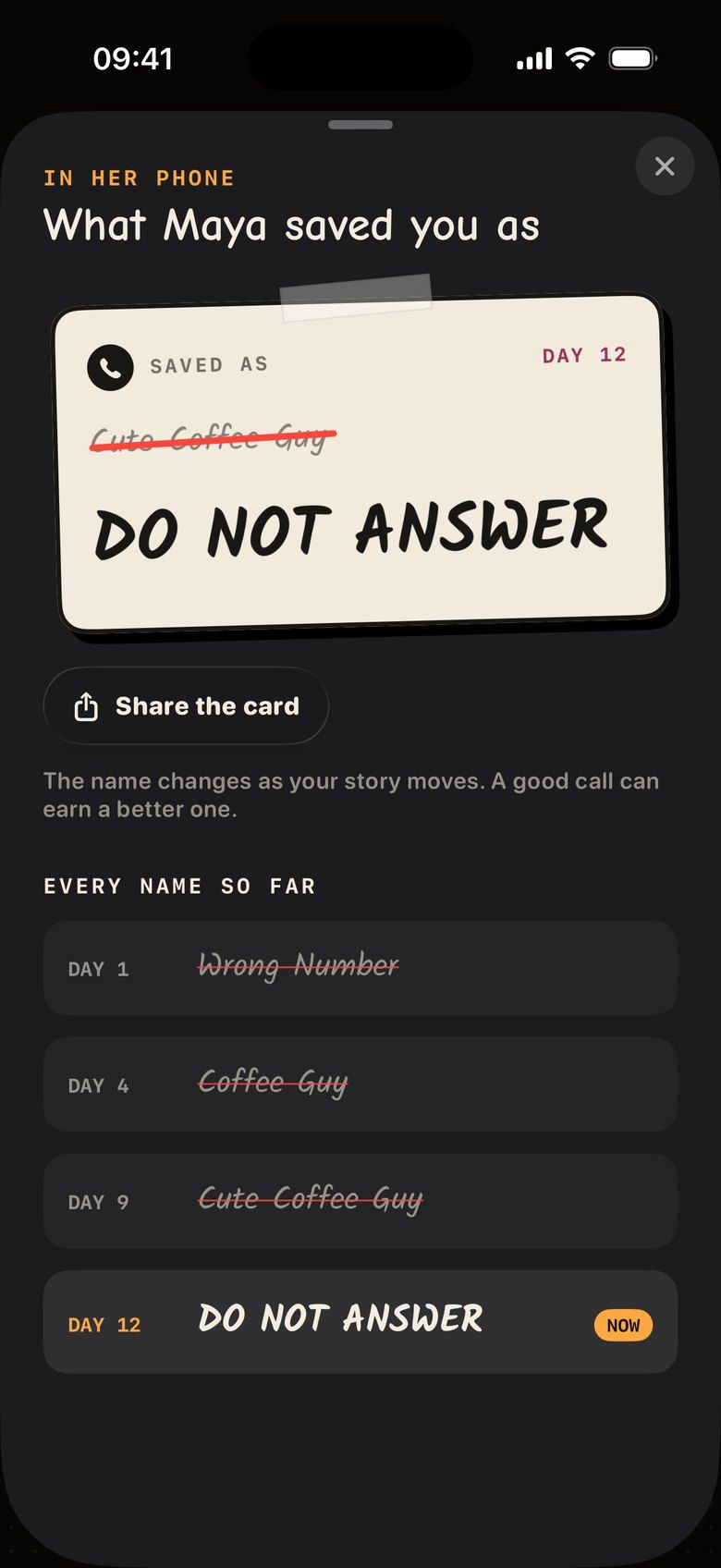 What Maya saved you as: Cute Coffee Guy crossed out, now DO NOT ANSWER